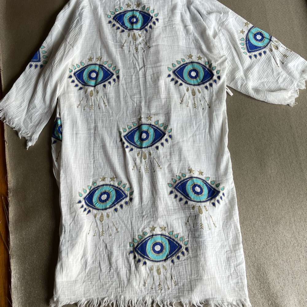 Anthropologie White Robe with Blue and Green Embroidery - Picture 5 of 5